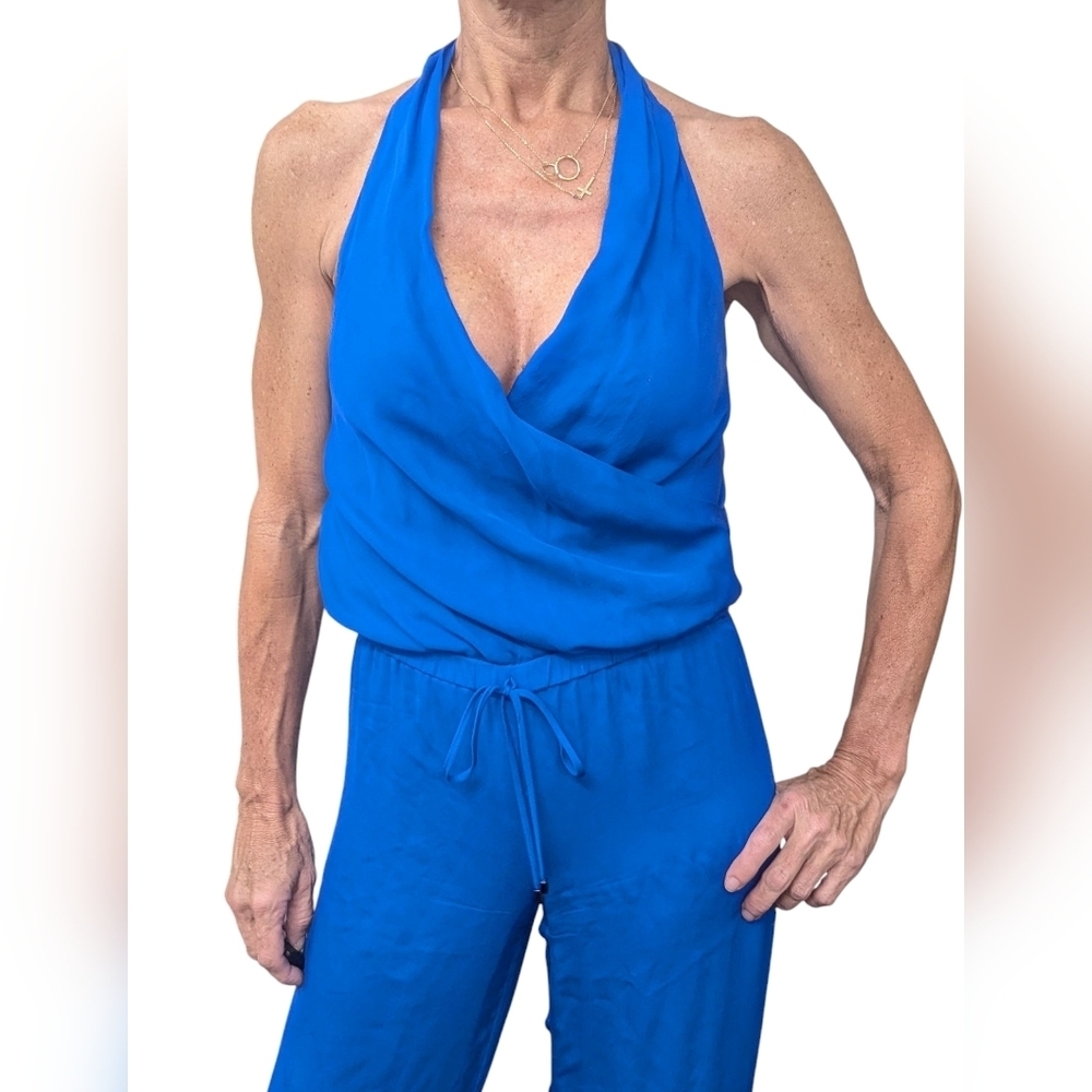 Haute Hippie Silk Blue Halter Jumpsuit Wide Leg Resort Vacation XS - Picture 4 of 7